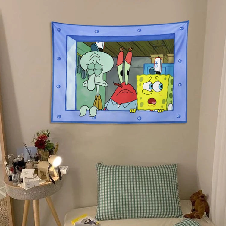 Pano de suspensão do Bob Esponja.
 Decoração de parede do quarto Pano de fundo fofo e engraçado.