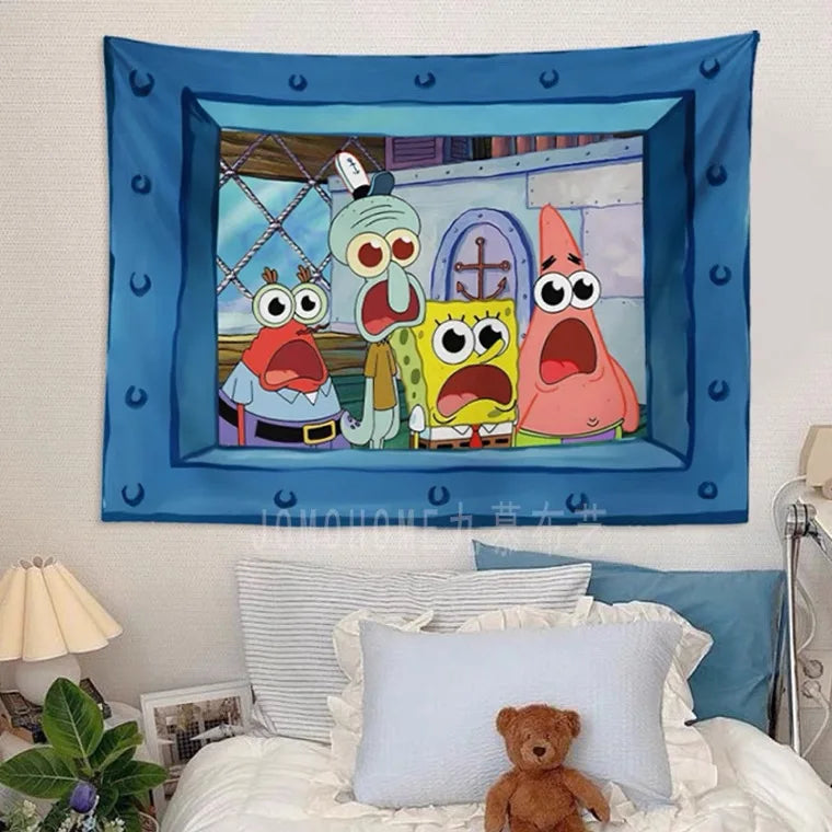 Pano de suspensão do Bob Esponja.
 Decoração de parede do quarto Pano de fundo fofo e engraçado.